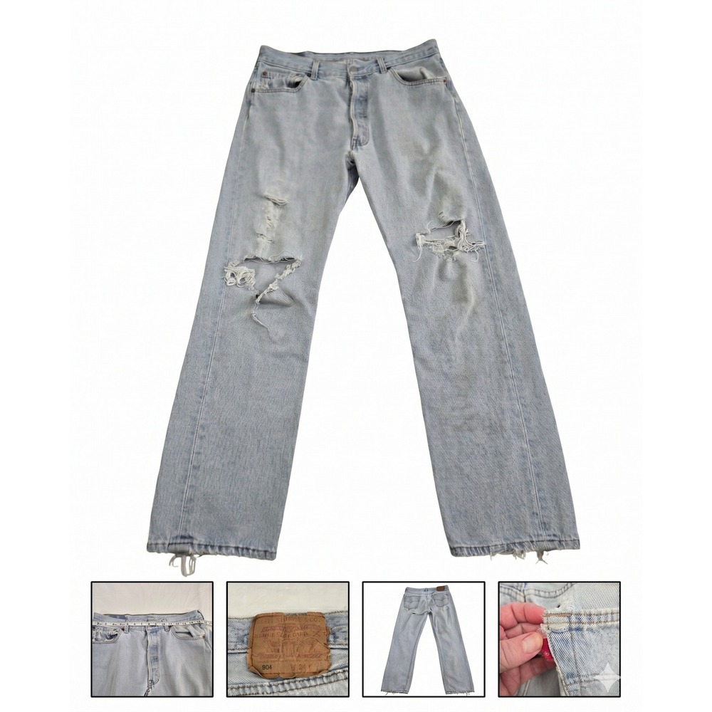 Vintage Levis‎ 501 Jeans Mens 34x32 Light Wash Blank Tag Thrashed Crotch Blowout